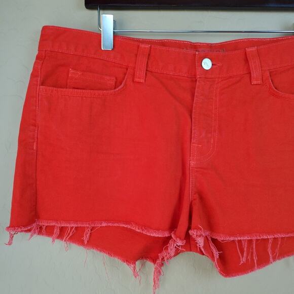 J Brand High Rise Cutoff Raw Hem Red Denim Shorts - Picture 3 of 9
